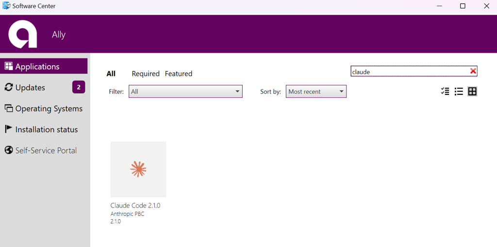 Software Center showing Claude Code 2.1.0 tile