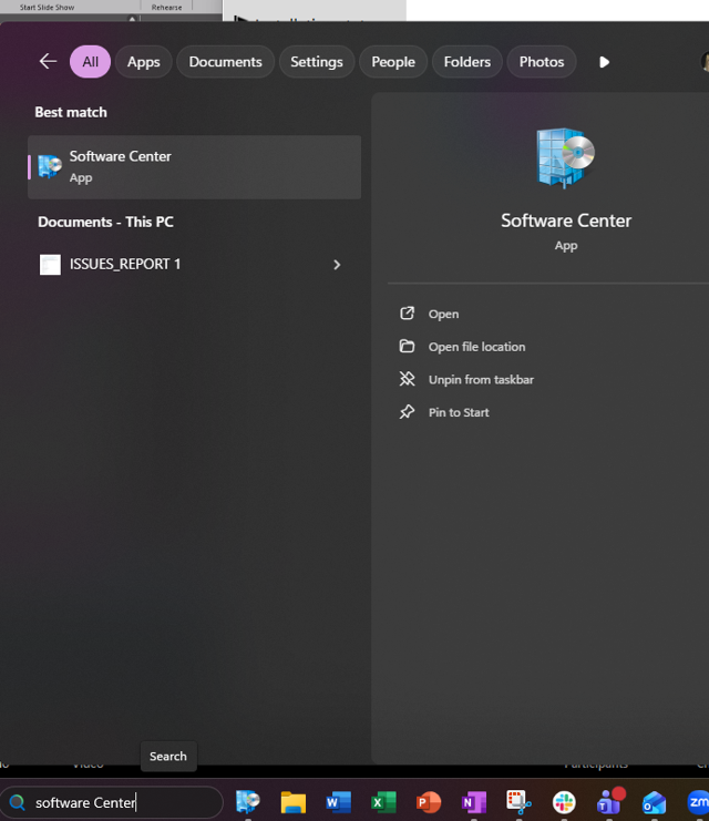Windows Start menu searching for Software Center